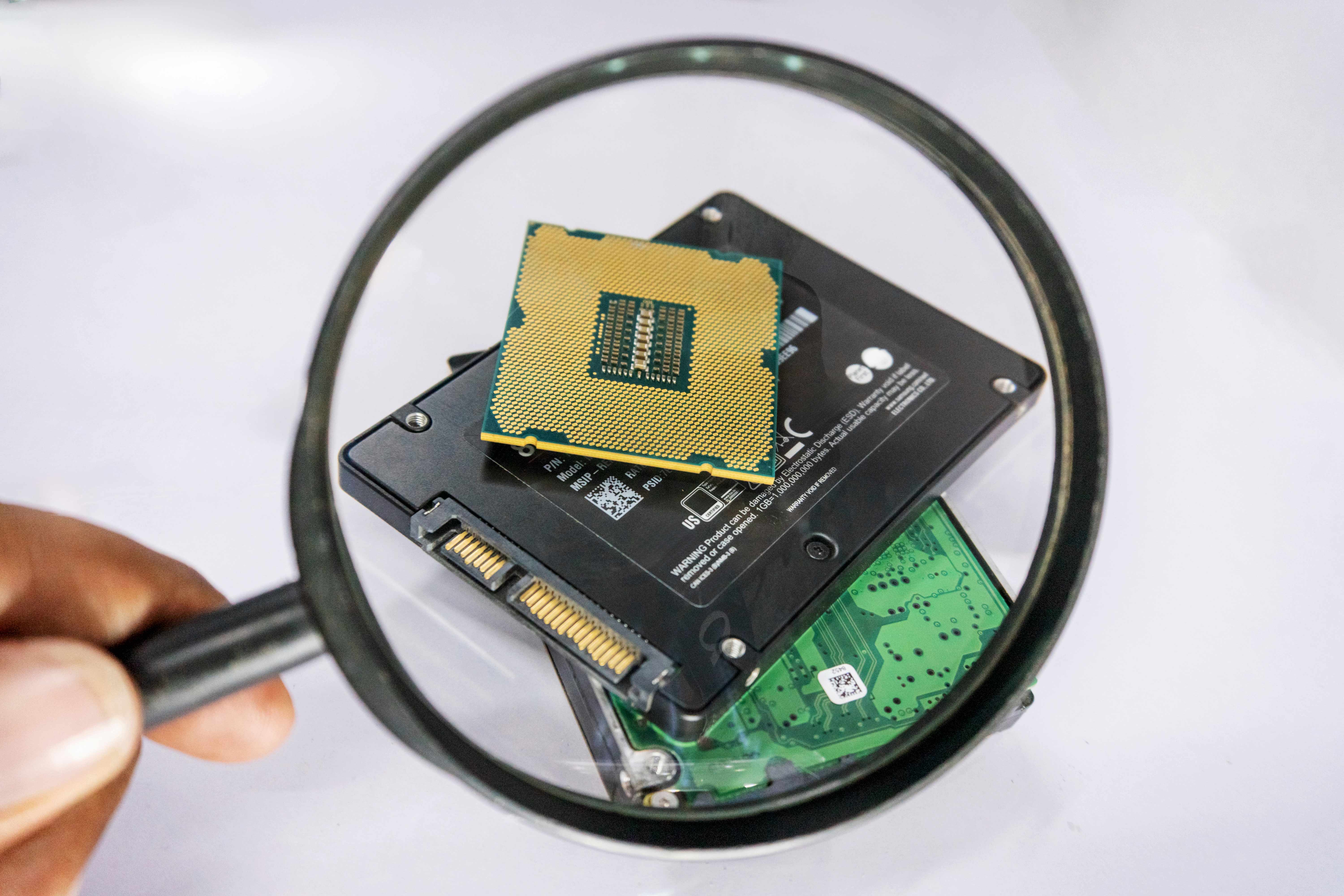 Computer processor CPU chip, ssd and hard drive hd stock images