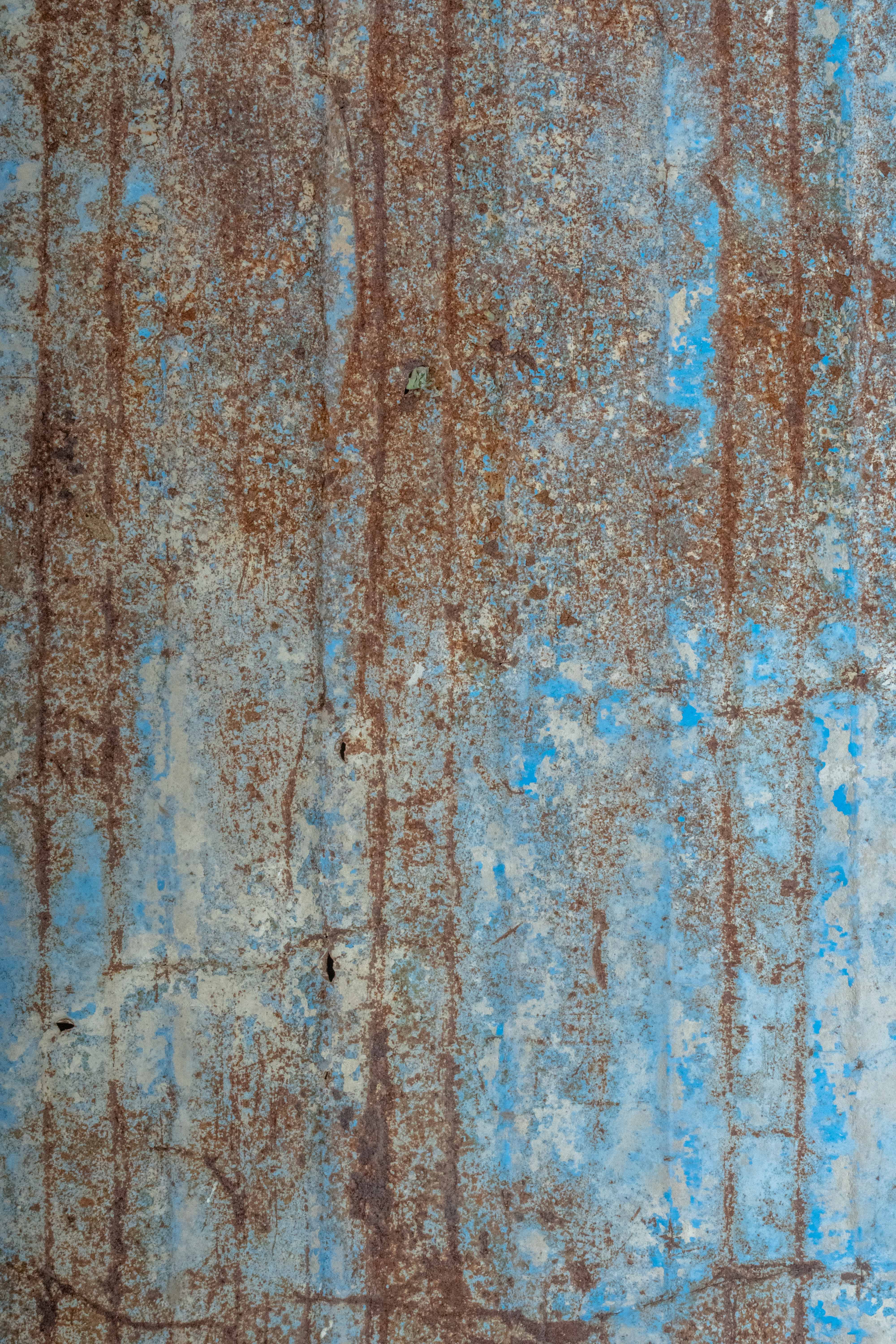 HD Weathered Blue Painted Steel Sheet with Surface Rust and Vertical Oxidation Texture