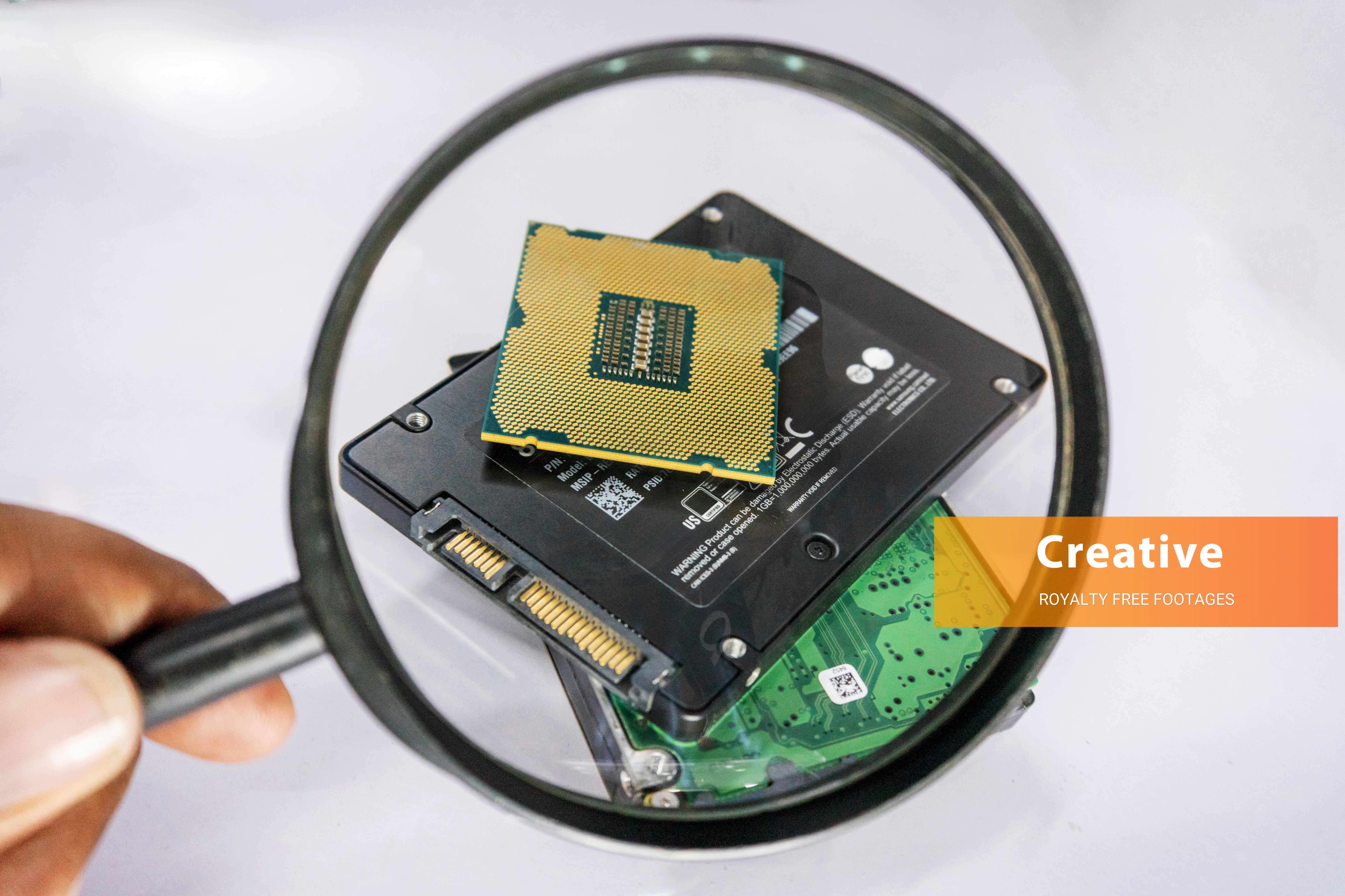 Computer processor CPU chip, ssd and hard drive hd stock images